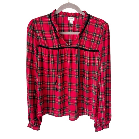 J. Crew Tops - J. Crew Blouse Women's Large Factory Red Tartan Plaid Peasant Top Holiday Preppy